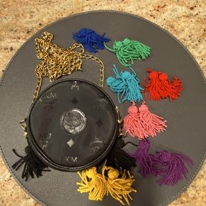 MCM Visetos Black Tambourine Round Tassle with Goldtone chain